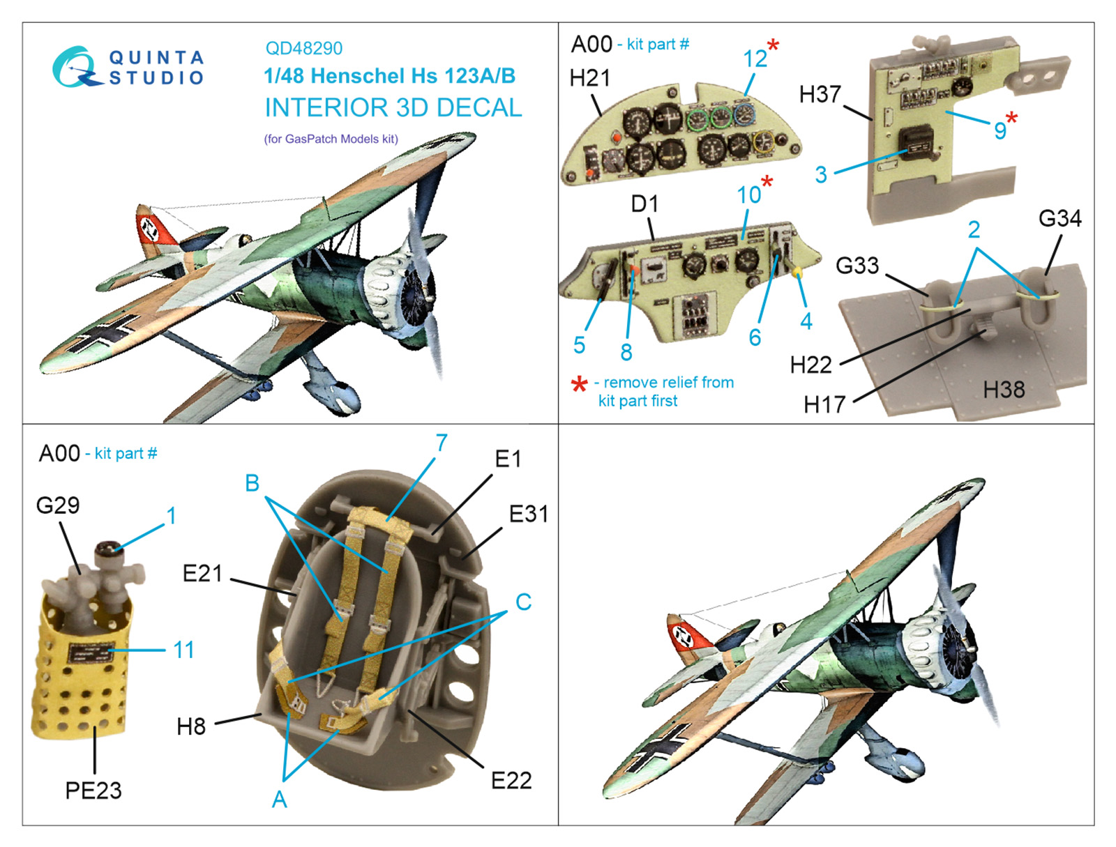 Henschel Hs 123A/B 3D-Printed & coloured Interior on decal paper (GasPatch models)