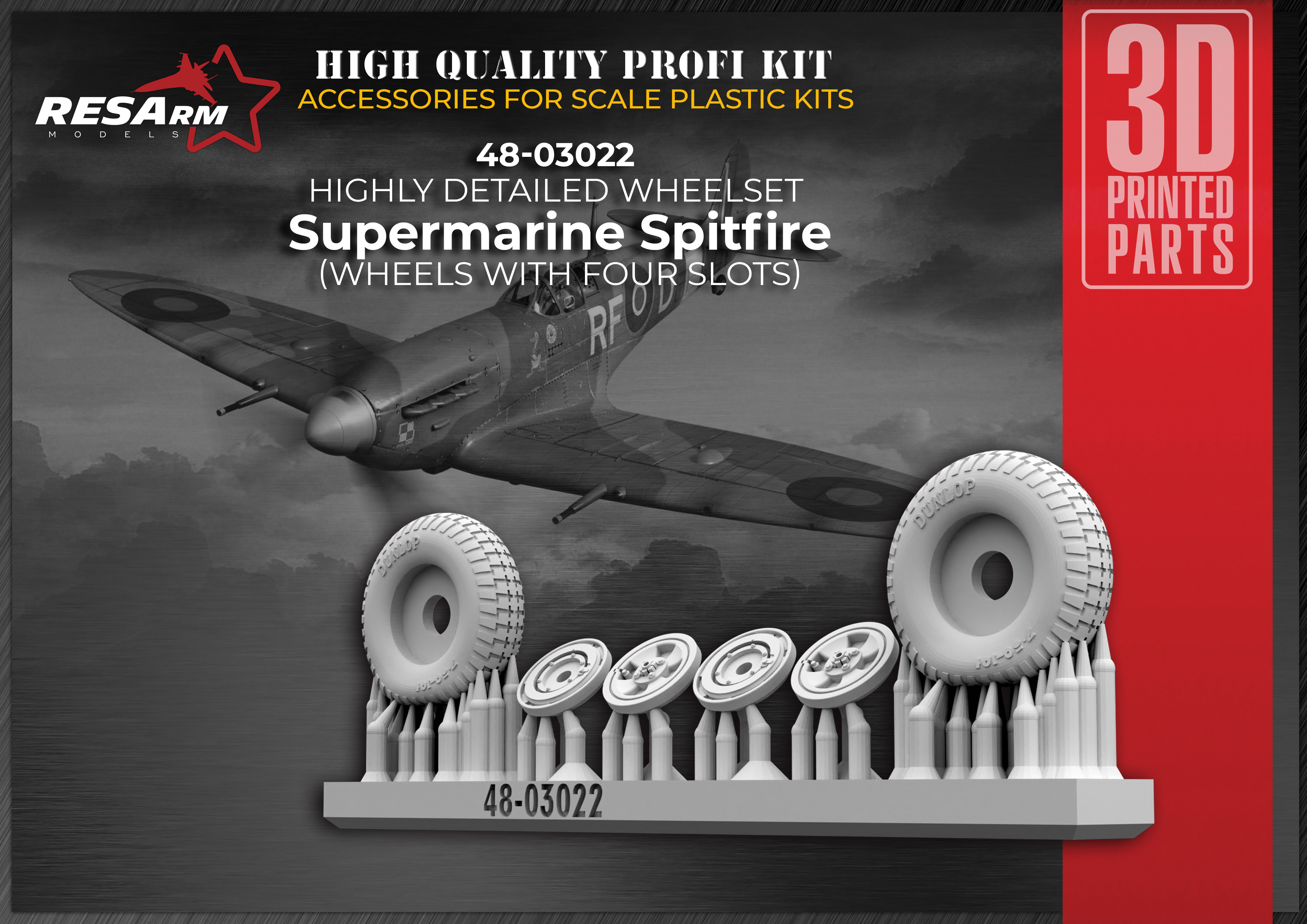 Additions (3D resin printing) 1/48 Supermarine Spitfire Wheels under load (4-spoke wheels) (RESArm)