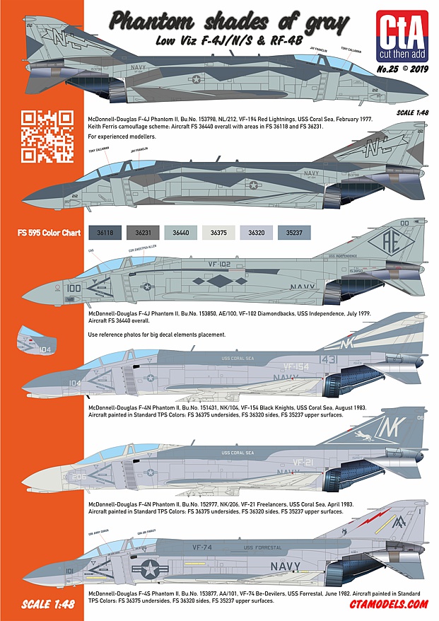 Decal 1/48 "Phantom shades of gray" - Low Viz F-4J/N/S, 7 Markings (Cut then Add)
