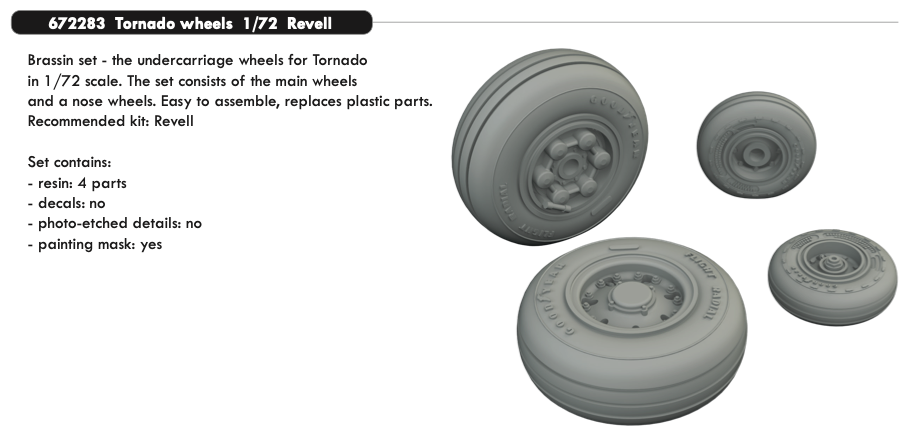 Additions (3D resin printing) 1/72 Panavia Tornado wheels with weighted tyre effect (designed be used with Revell kits) 
