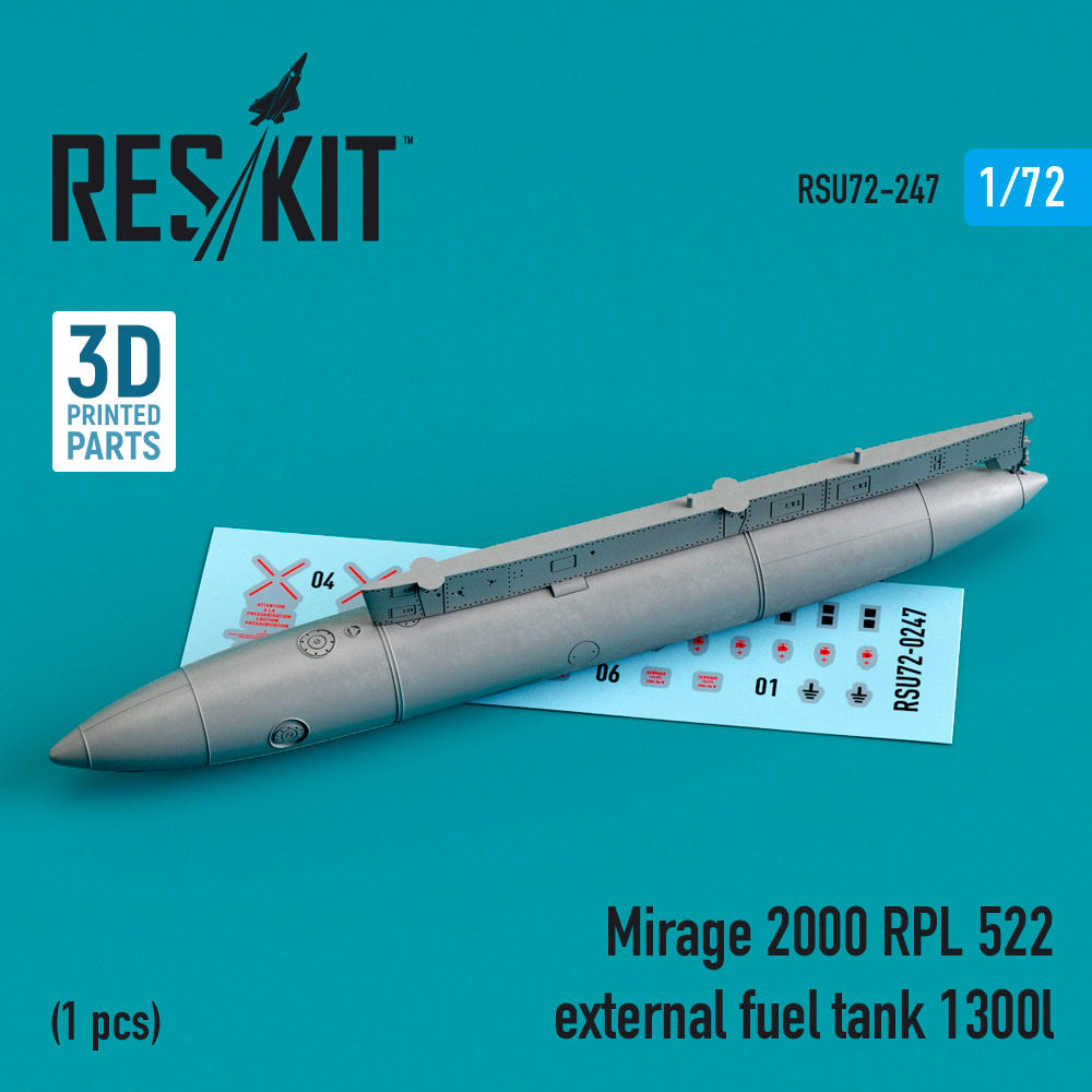Additions (3D resin printing) 1/72 Dassault-Mirage 2000 RPL 522 external fuel tank 1300lt (ResKit)