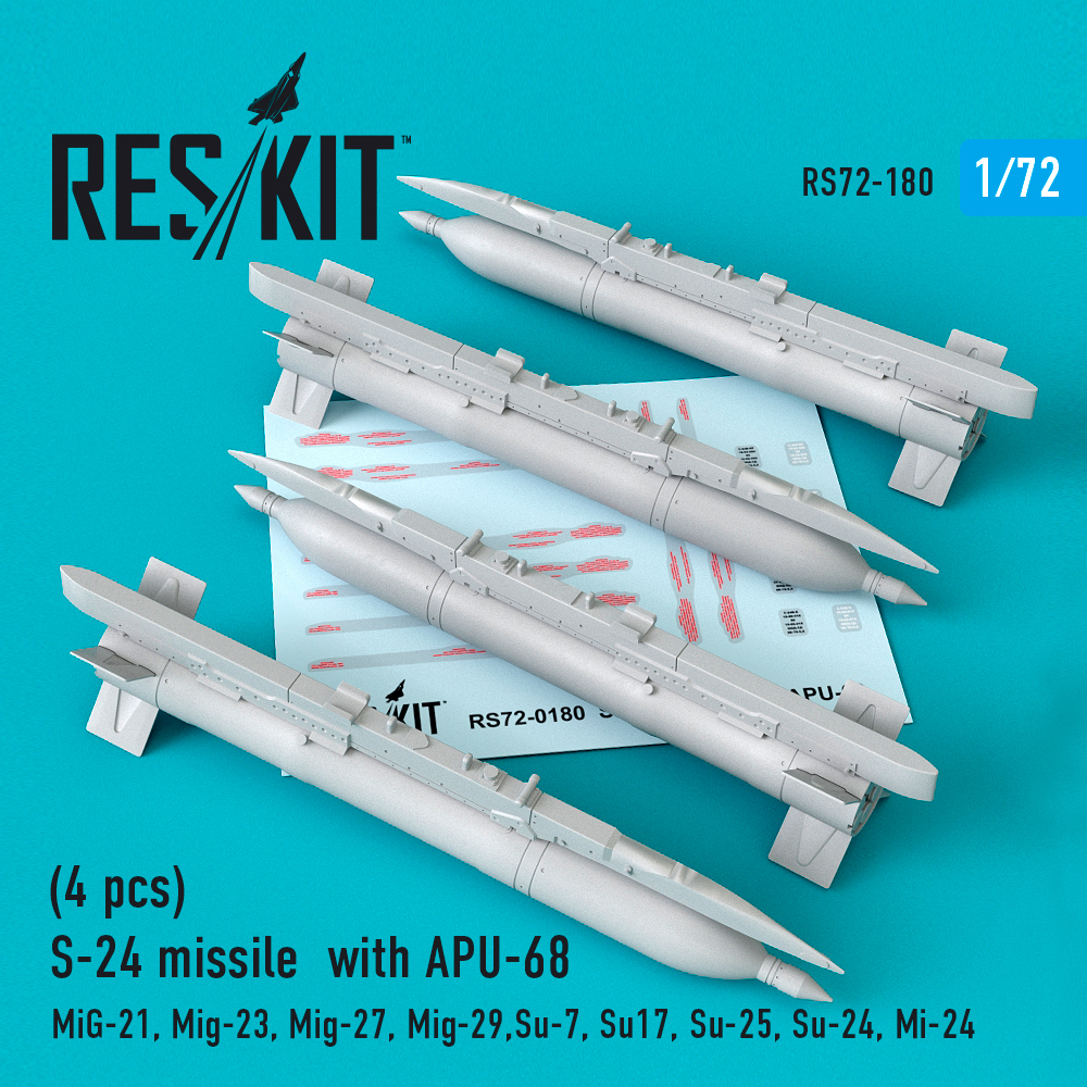 Additions (3D resin printing) 1/72 S-24 missiles with APU-68 (4 pcs) (ResKit)