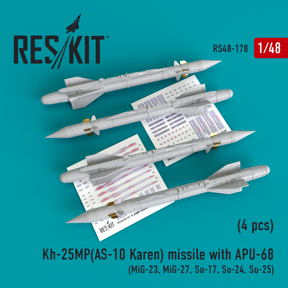 Additions (3D resin printing) 1/48 Kh-25MP(AS-10 Karen) missile with APU-68 (4 pcs) (ResKit)