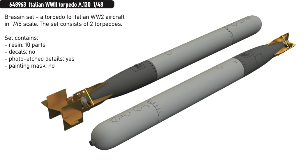 Additions (3D resin printing) 1/48 Italian WWII torpedo A.130 1/48 (designed to be used with Eduard kits)