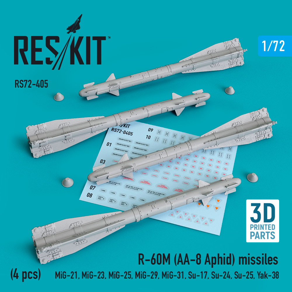 Additions (3D resin printing) 1/72 R-60М (AA-8 Aphid) missiles (4 pcs) (ResKit)