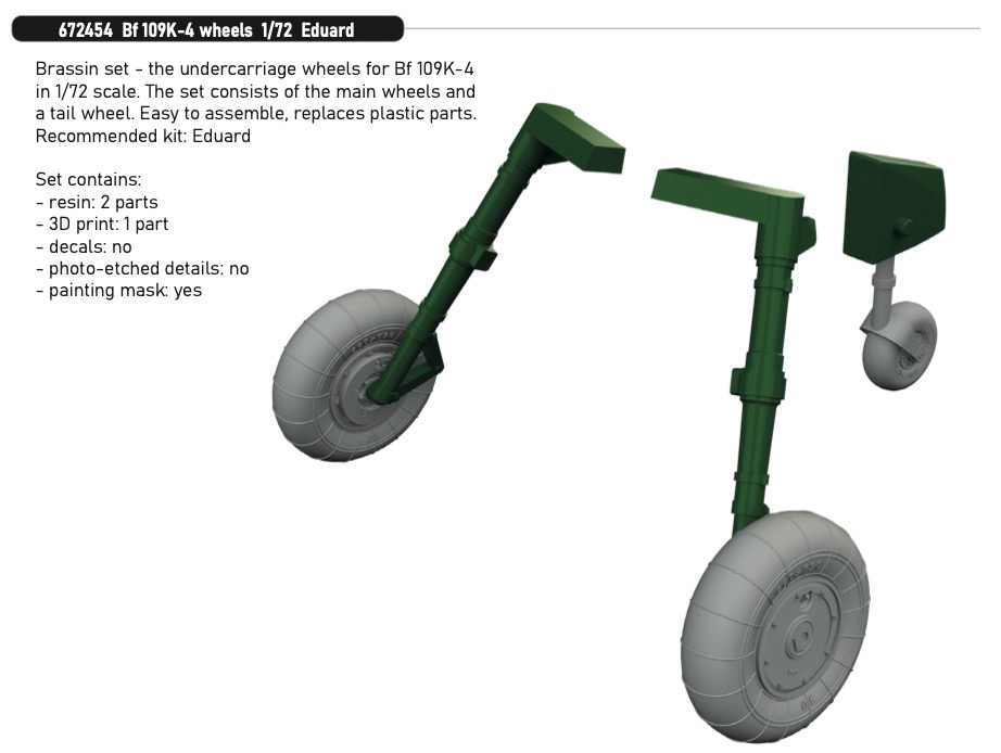 Additions (3D resin printing) 1/72 Messerschmitt Bf-109K-4 wheels 1/72 (designed to be used with Eduard kits)