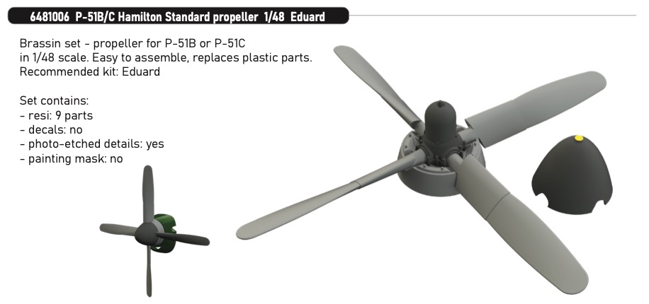 Additions (3D resin printing) 1/48 North-American P-51B/P-51C Mustang Hamilton Standard propeller 1/48 (designed to be used with Eduard kits)