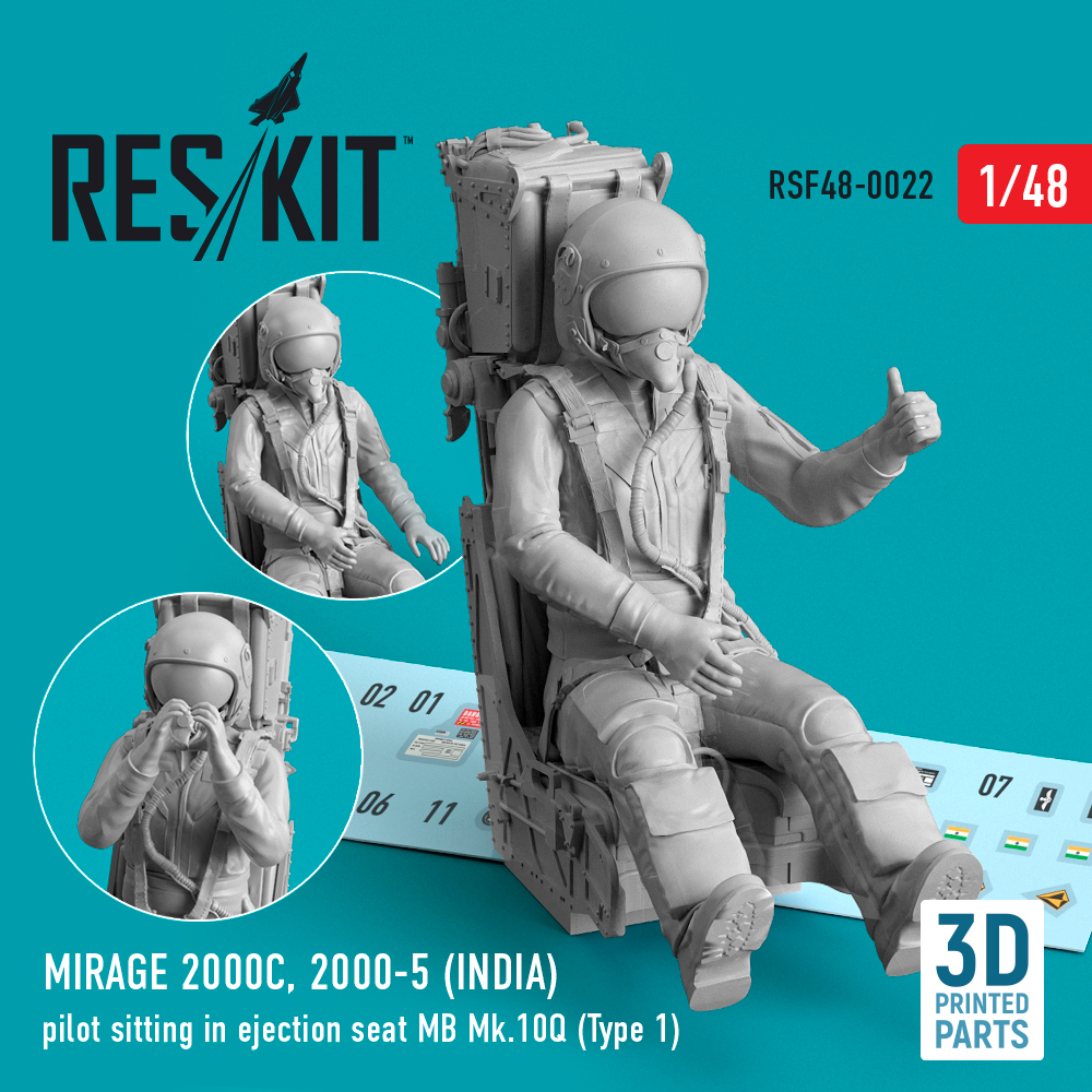 Additions (3D resin printing) 1/48 Dassault-Mirage 2000C 2000-5 (INDIA) pilot sitting in ejection seat MB Mk.10Q (Type 1) (ResKit)