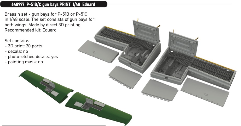 Additions (3D resin printing) 1/48 North-American P-51B/P-51C gun bays 3D-Printed 1/48 (designed to be used with Eduard kits)