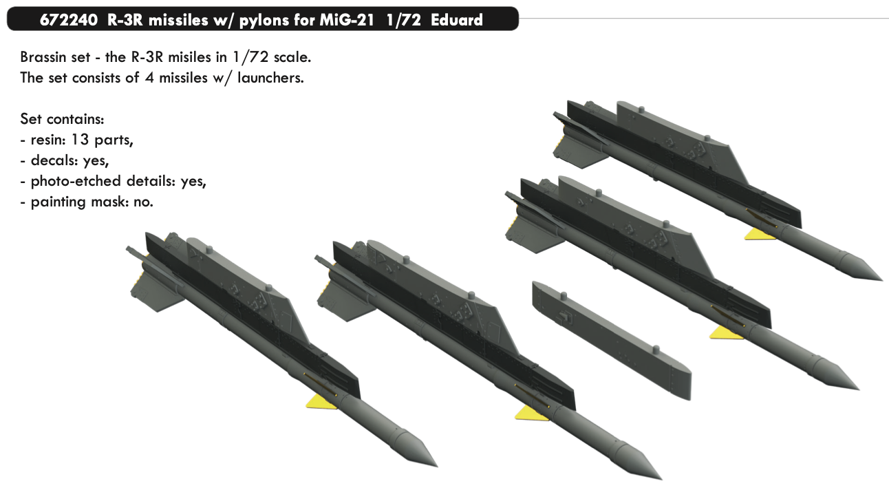 Additions (3D resin printing) 1/72 R-3R missiles with pylons for Mikoyan MiG-21 (designed to be used with Eduard kits)