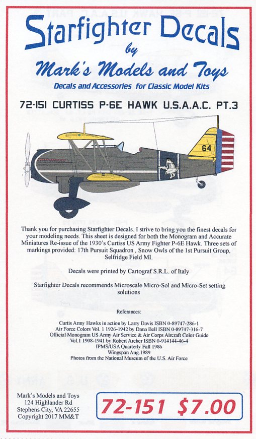 Decal 1/72 Curtiss P-6E 'Hawk' Part 3 (Starfighter Decals)