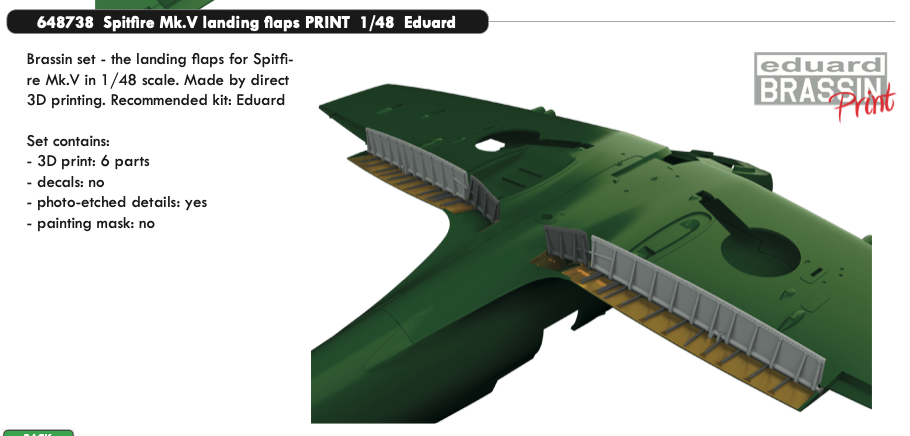 Additions (3D resin printing) 1/48      Supermarine Spitfire Mk.V landing flaps 3D-Printed (designed be used with Eduard kits)