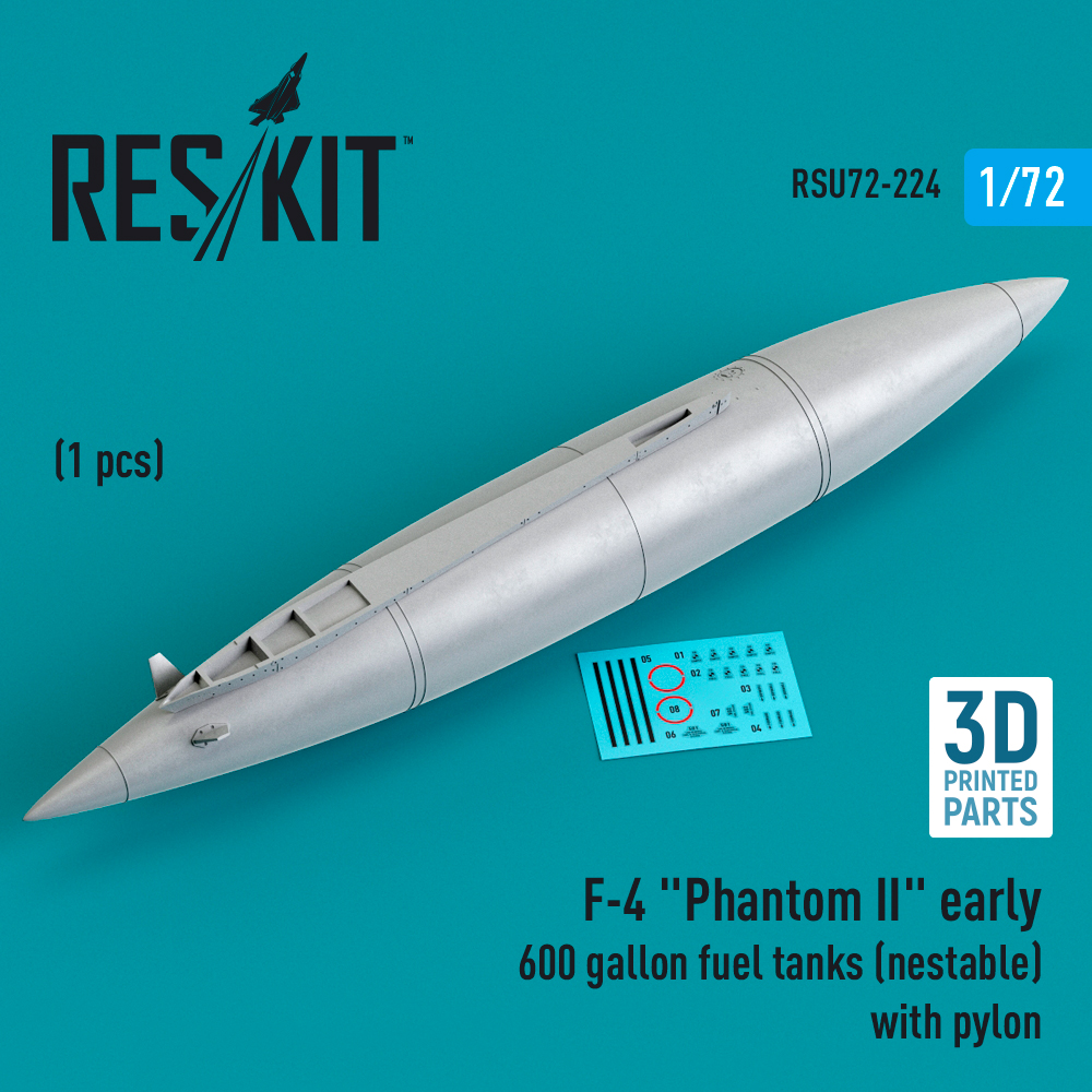 Additions (3D resin printing) 1/72 McDonnell F-4 Phantom II early 600 gallon fuel tanks (ResKit)