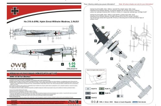 Decal 1/32 Heinkel He 219 A-0/R6 (G9+FK) 2./NJG1 (Owl Decals)