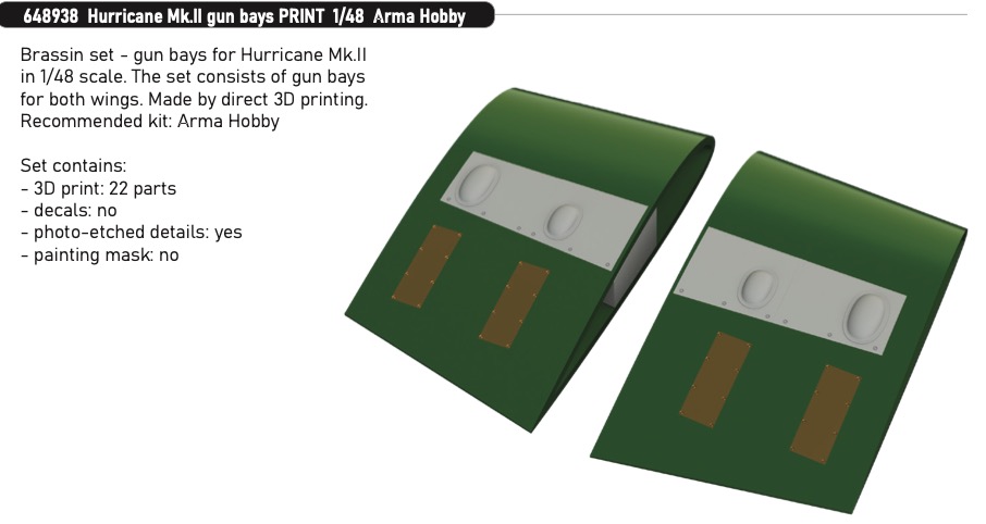 Additions (3D resin printing) 1/48      Hawker Hurricane Mk.II gun bays 3D-Printed (designed to be used with Arma Hobby kits) 
