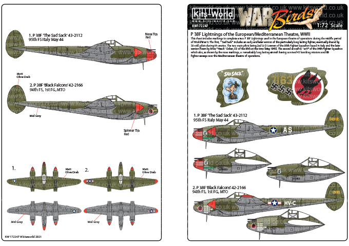 Decal 1/72      Lockheed P-38 Lightnings - Early War. (Kits-World)