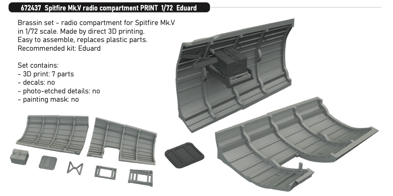 Additions (3D resin printing) 1/72 Supermarine Spitfire Mk.V radio compartment (3D-Printed) 1/72 (designed to be used with Eduard kits)