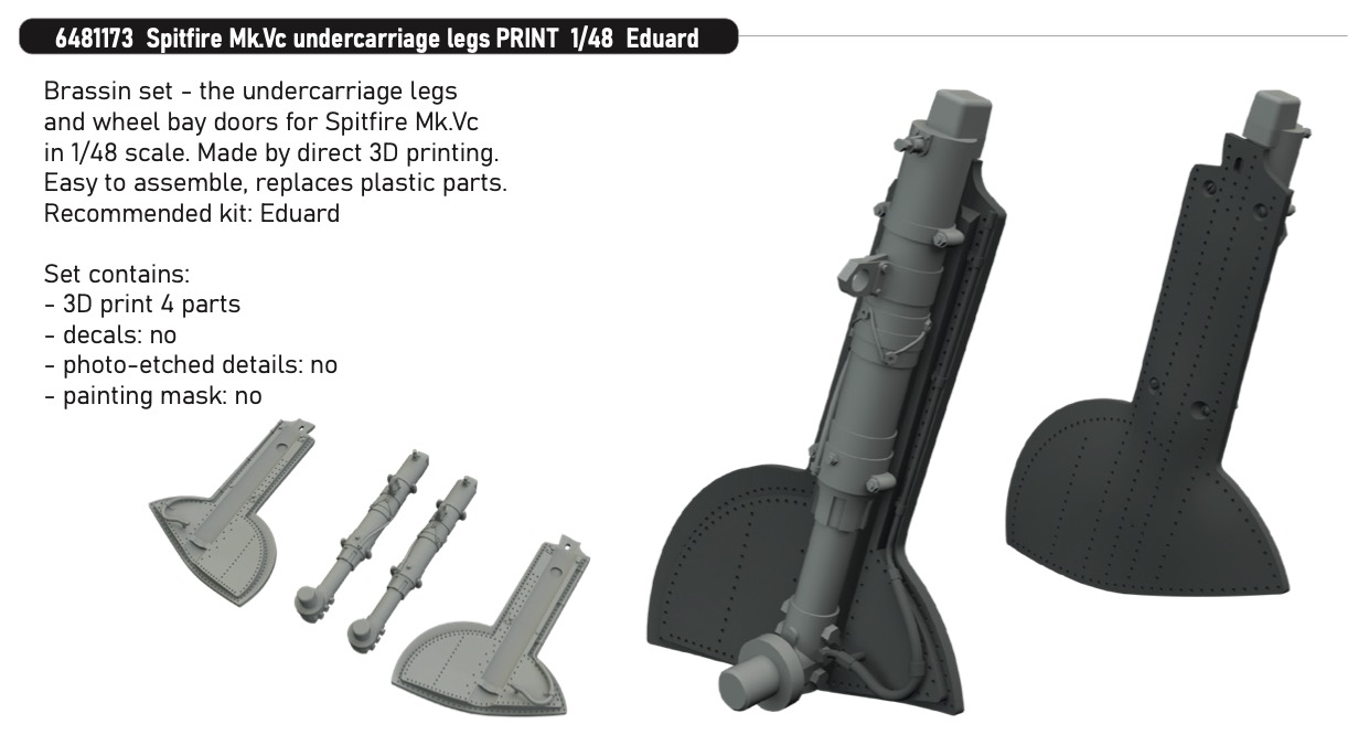 Additions (3D resin printing) 1/48 Supermarine Spitfire Mk.Vc undercarriage legs (3D-Printed) 1/48 (designed to be used with Eduard kits)