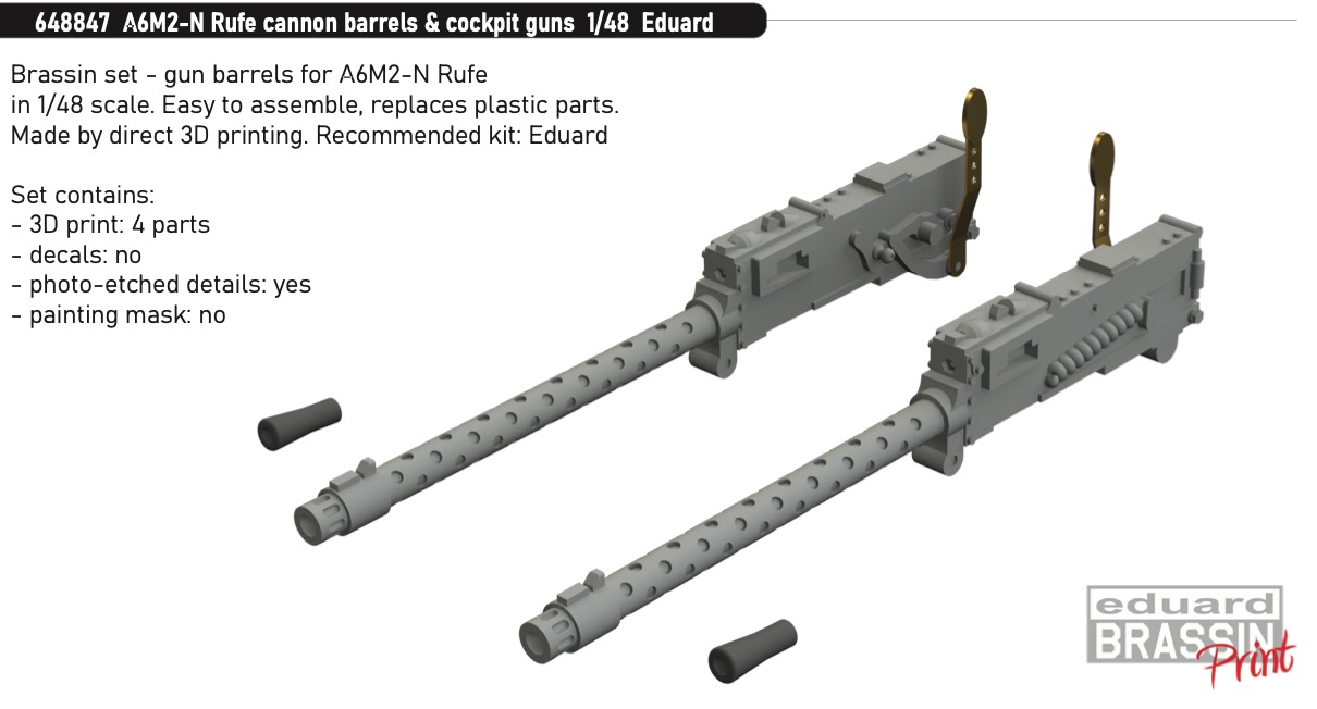 Additions (3D resin printing) 1/48 Nakajima A6M2-N Rufe cannon barrels & cockpit guns (designed to be used with Eduard kits) 