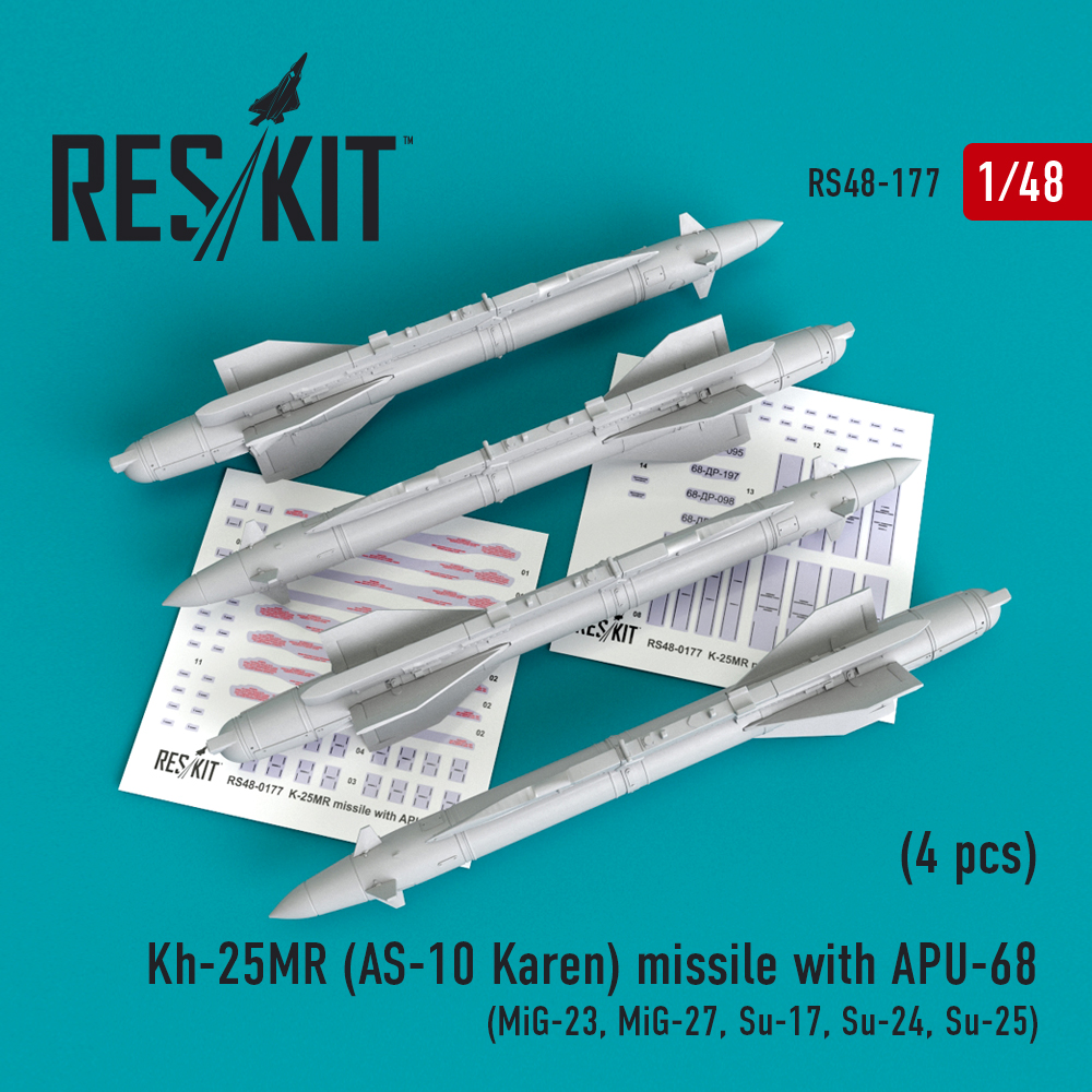 Additions (3D resin printing) 1/48 Kh-25MR (AS-10 Karen) missile with APU-68 (4 pcs) (ResKit)