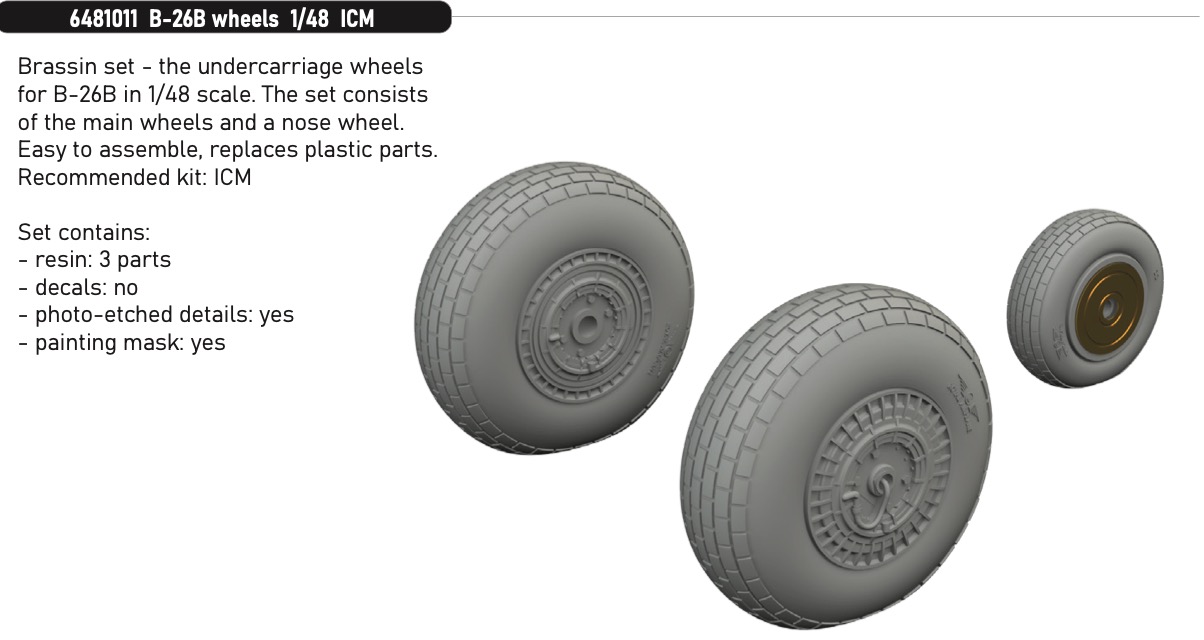 Additions (3D resin printing) 1/48 Martin B-26B Marauder wheels 1/48 (designed to be used with ICM kits)