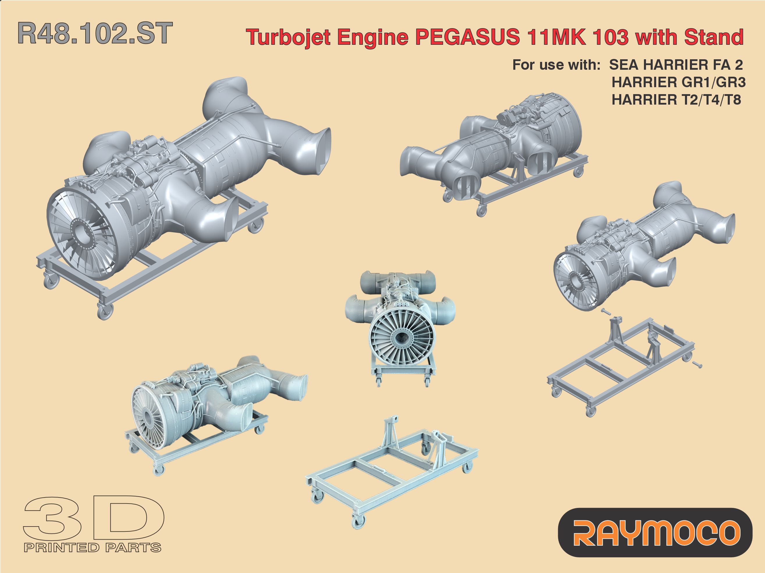 Additions (3D resin printing) 1/48 Turbo Jet Engine PEGASUS 11 MK 103/w Stand (Raymoco)