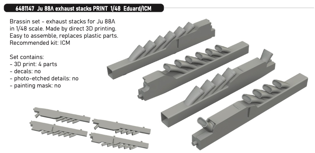 Additions (3D resin printing) 1/48 Junkers Ju-88A exhaust stacks (3d-printed) 1/48 (designed to be used with Eduard and ICM UA UK kits