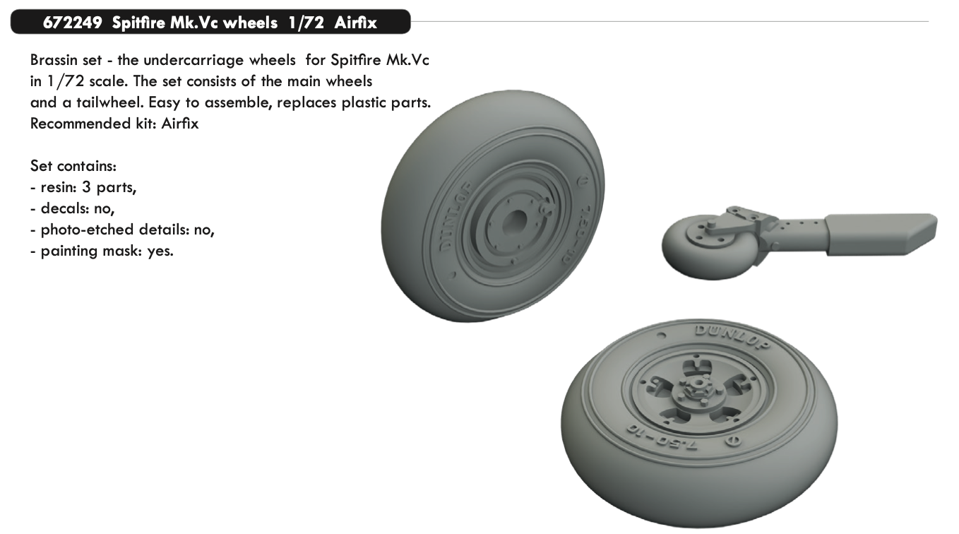 Additions (3D resin printing) 1/72 Supermarine Spitfire Mk.Vc wheels with weighted tyre effect (designed to be used with Airfix kits) 