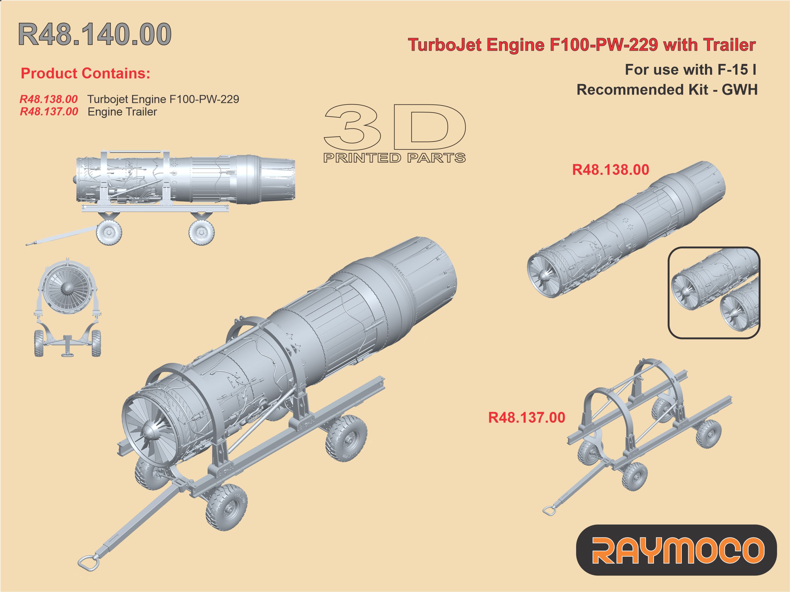 Additions (3D resin printing) 1/48 Turbo Jet Engine F100-PW-229 /w Engine Trailer (GWH) (Raymoco)