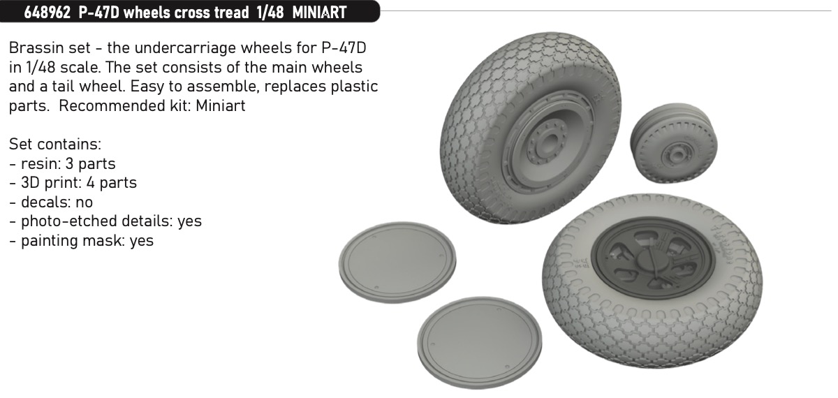 Additions (3D resin printing) 1/48      Republic P-47D wheels with cross tread (designed to be used with MiniArt kits) 