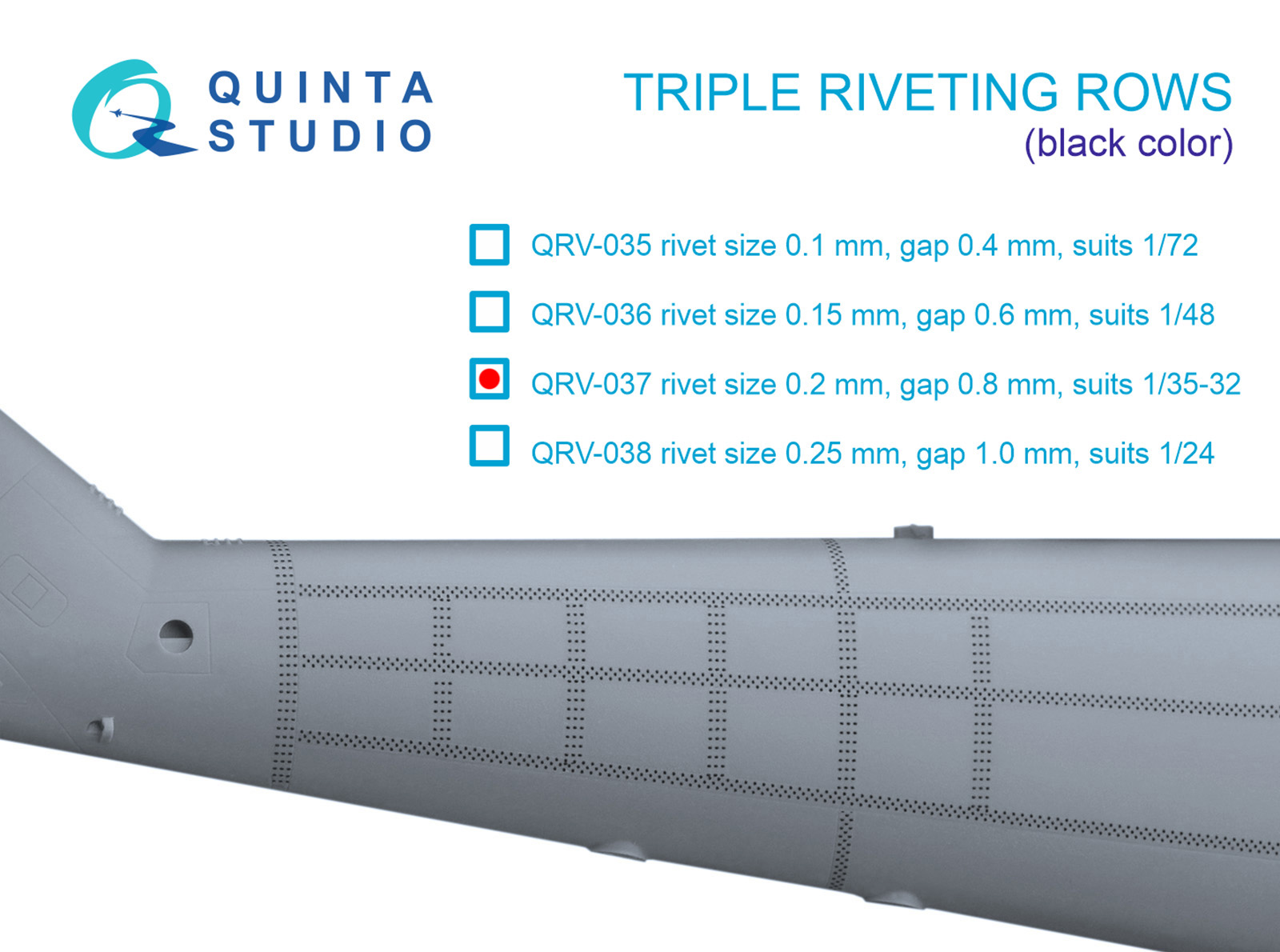 Triple riveting rows (rivet size 0.20 mm, gap 0.8 mm, suits 1/32 scale), Black color, total length 3.7 m/12 ft