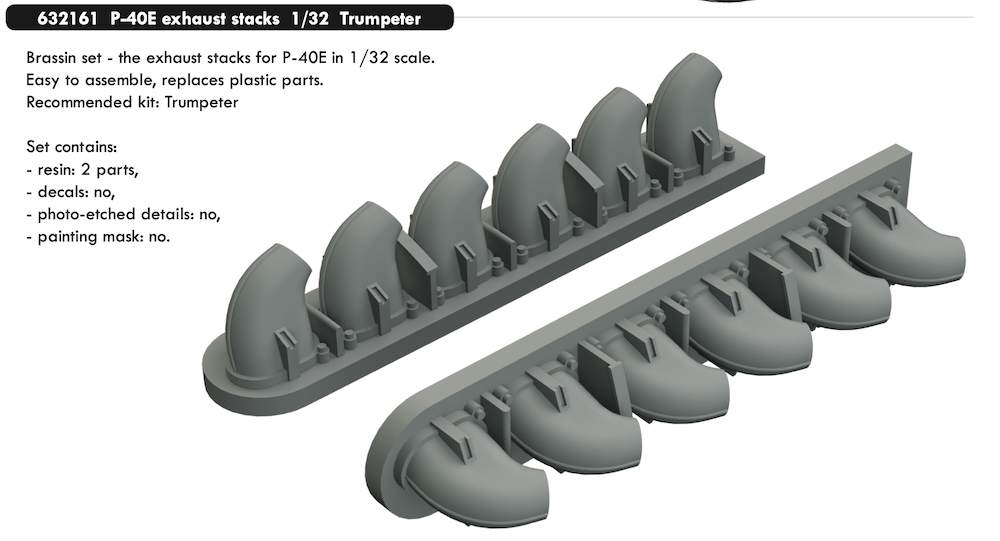 Additions (3D resin printing) 1/32 Curtiss P-40E exhaust stacks (designed to be used with Trumpeter kits)