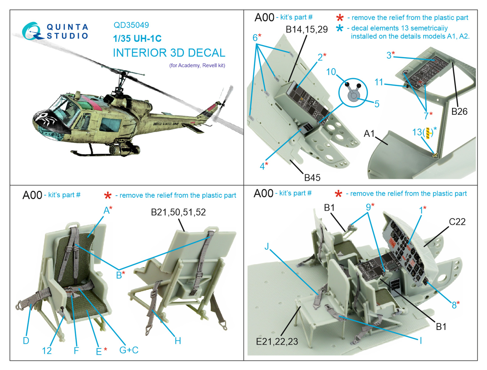 UH-1C 3D-Printed & coloured Interior on decal paper (Academy)