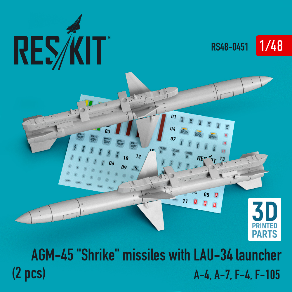 Additions (3D resin printing) 1/48 AGM-45 "Shrike" missiles with LAU-34 launcher (2 pcs) (ResKit)
