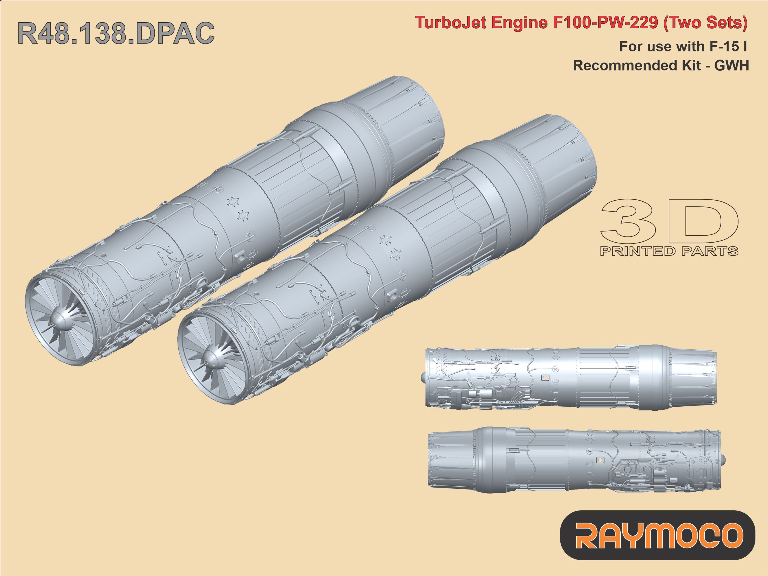 Additions (3D resin printing) 1/48 Turbo Jet Engine F100-PW-229 (2 sets) (Raymoco)