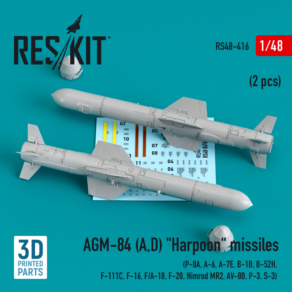Additions (3D resin printing) 1/48 AGM-84 (A,D) Harpoon missiles (2 pcs) (ResKit)