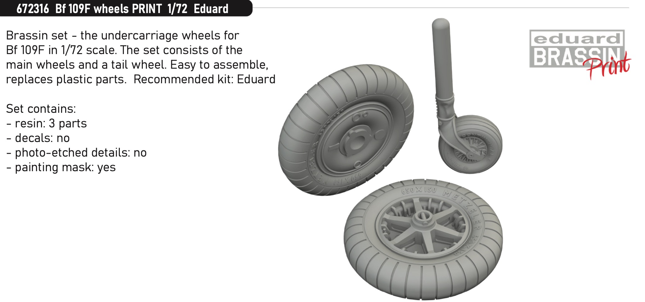 Additions (3D resin printing) 1/72 Messerschmitt Bf-109F wheels 3D-Printed (designed to be used with Eduard kits) 