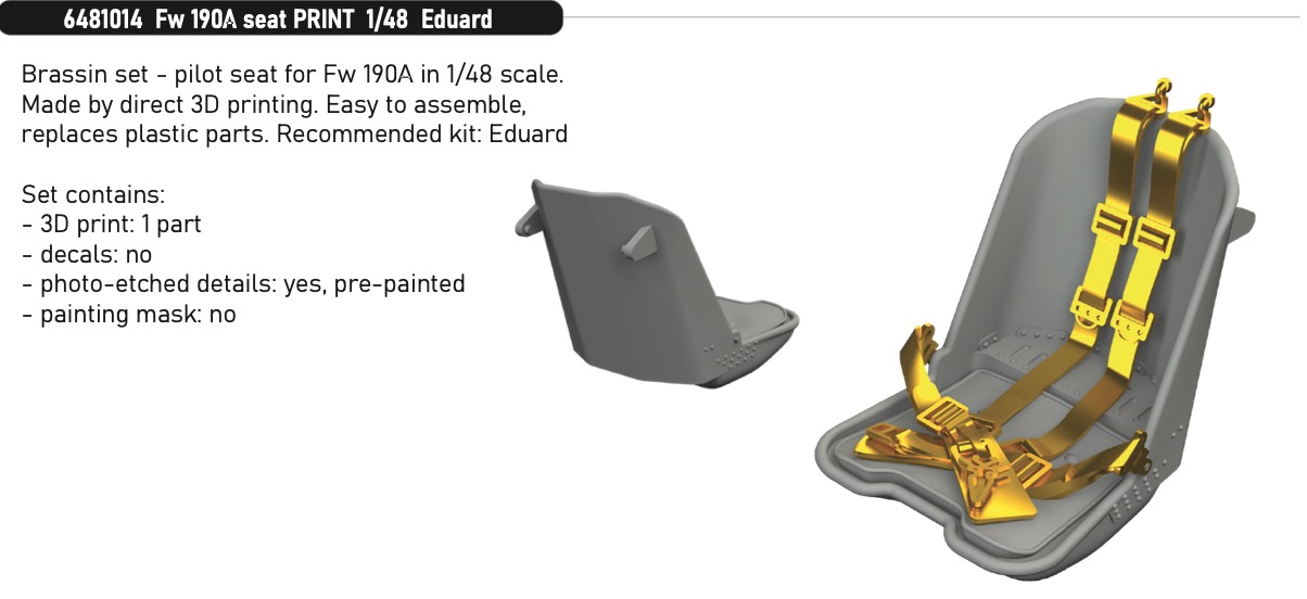 Additions (3D resin printing) 1/48 Focke-Wulf Fw-190A seat PRINT (designed to be used with Eduard kits)