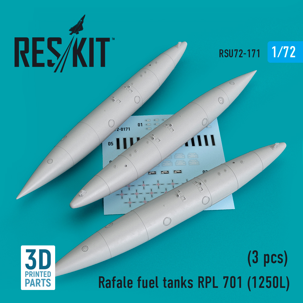 Additions (3D resin printing) 1/72 Dassault Rafale fuel tanks RPL 701 (1250L) (3 pcs) (ResKit)