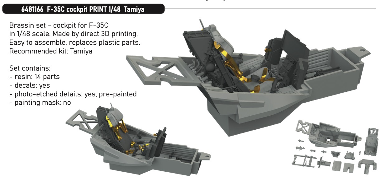 Additions (3D resin printing) 1/48 Lockheed-Martin F-35C cockpit (3D-Printed) 1/48 (designed to be used with Tamiya kits)