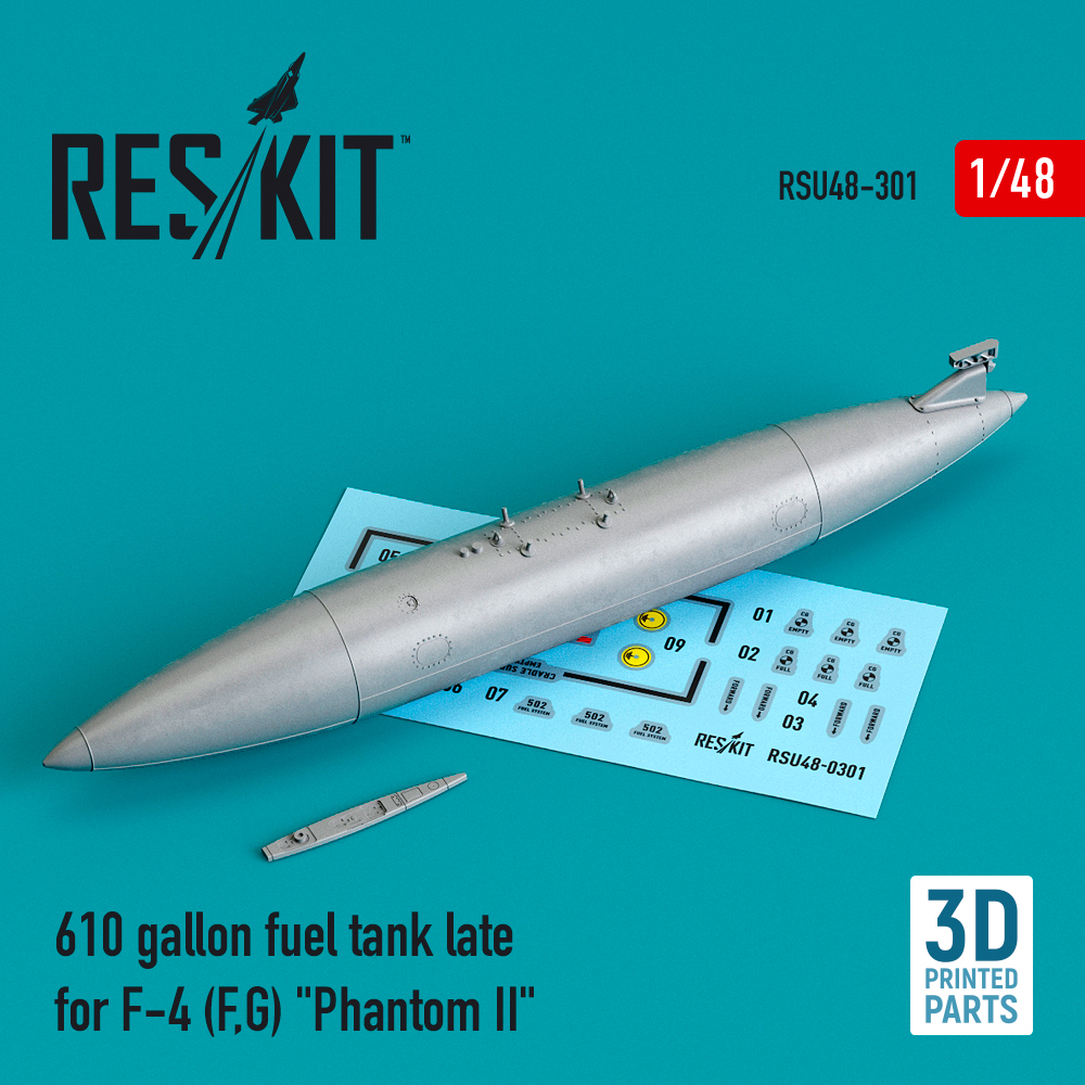 Additions (3D resin printing) 1/48 610 gallon fuel tank late McDonnell F-4F, F-4G Phantom II (ResKit)