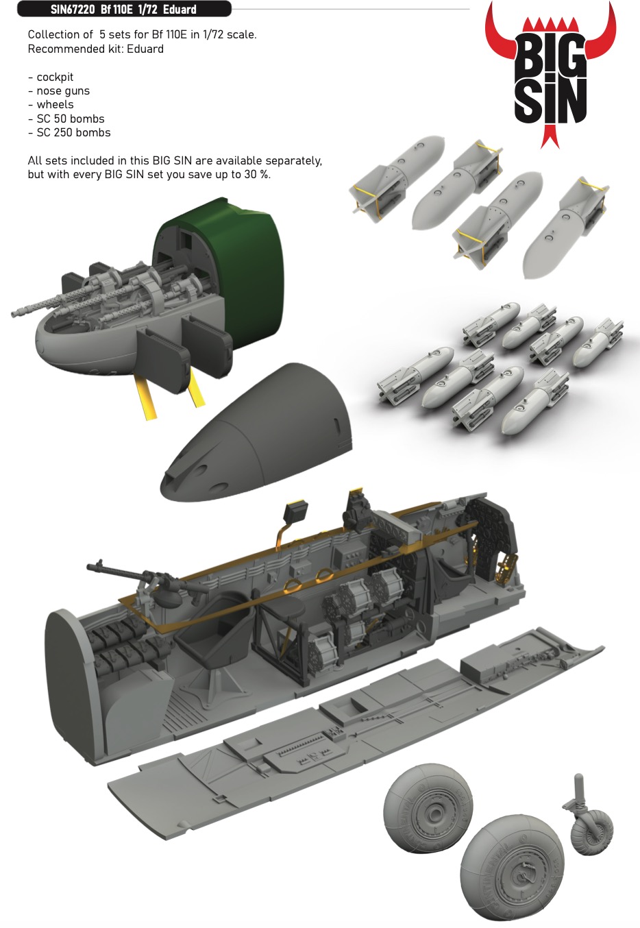 Additions (3D resin printing) 1/72 Messerschmitt Bf-110E (designed to be used with Eduard kits) This Big-Sin set