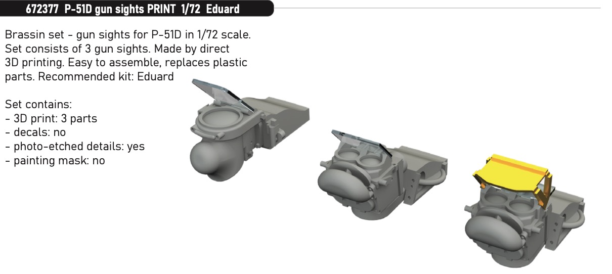 Additions (3D resin printing) 1/72 North-American P-51D Mustang gun sights PRINT 1/72 (designed to be used with Eduard kits)