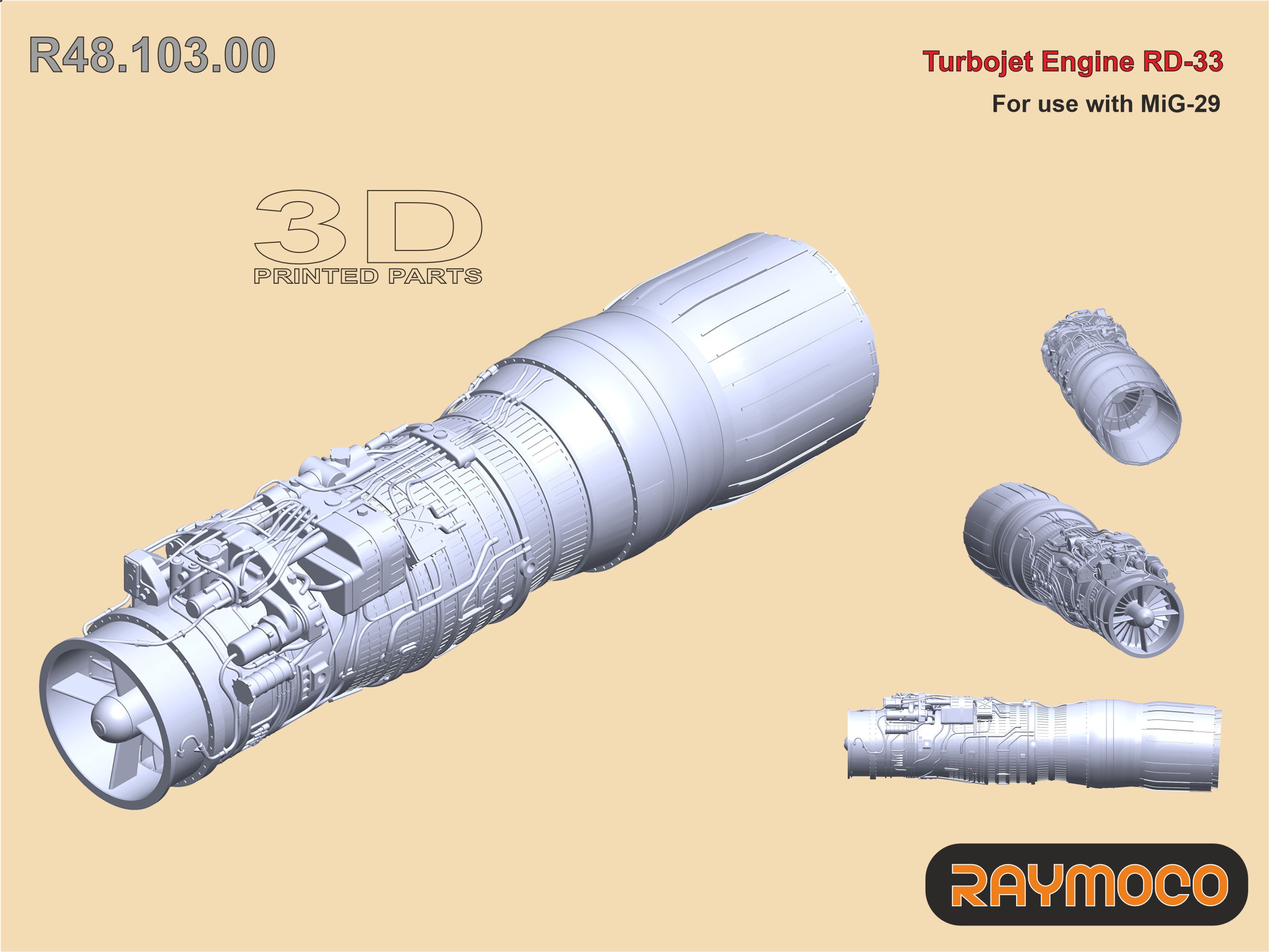 Additions (3D resin printing) 1/48 Turbo Jet Engine RD-33 (Raymoco)