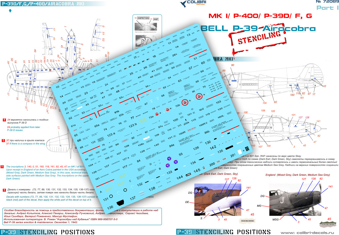 Decal 1/72 Bell Р-39 Stenciling  Part I (MK I, P-400, P-39 D) (Colibri Decals)