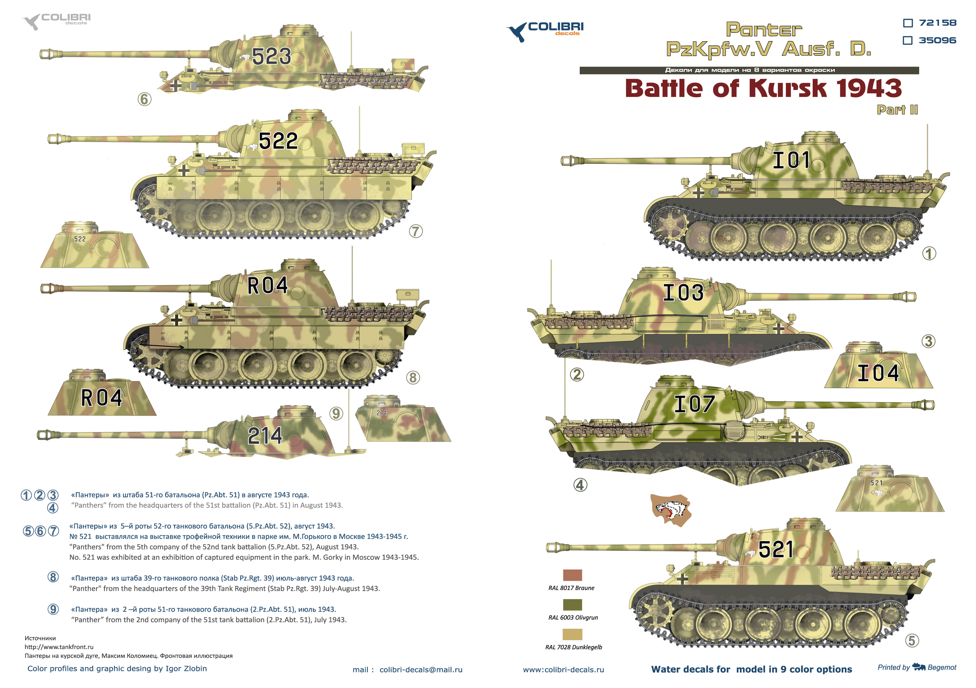 Decal 1/72 Pz.Kpfw.V Panter Ausf. D Battle of Kursk1943 - Part II (Colibri Decals)