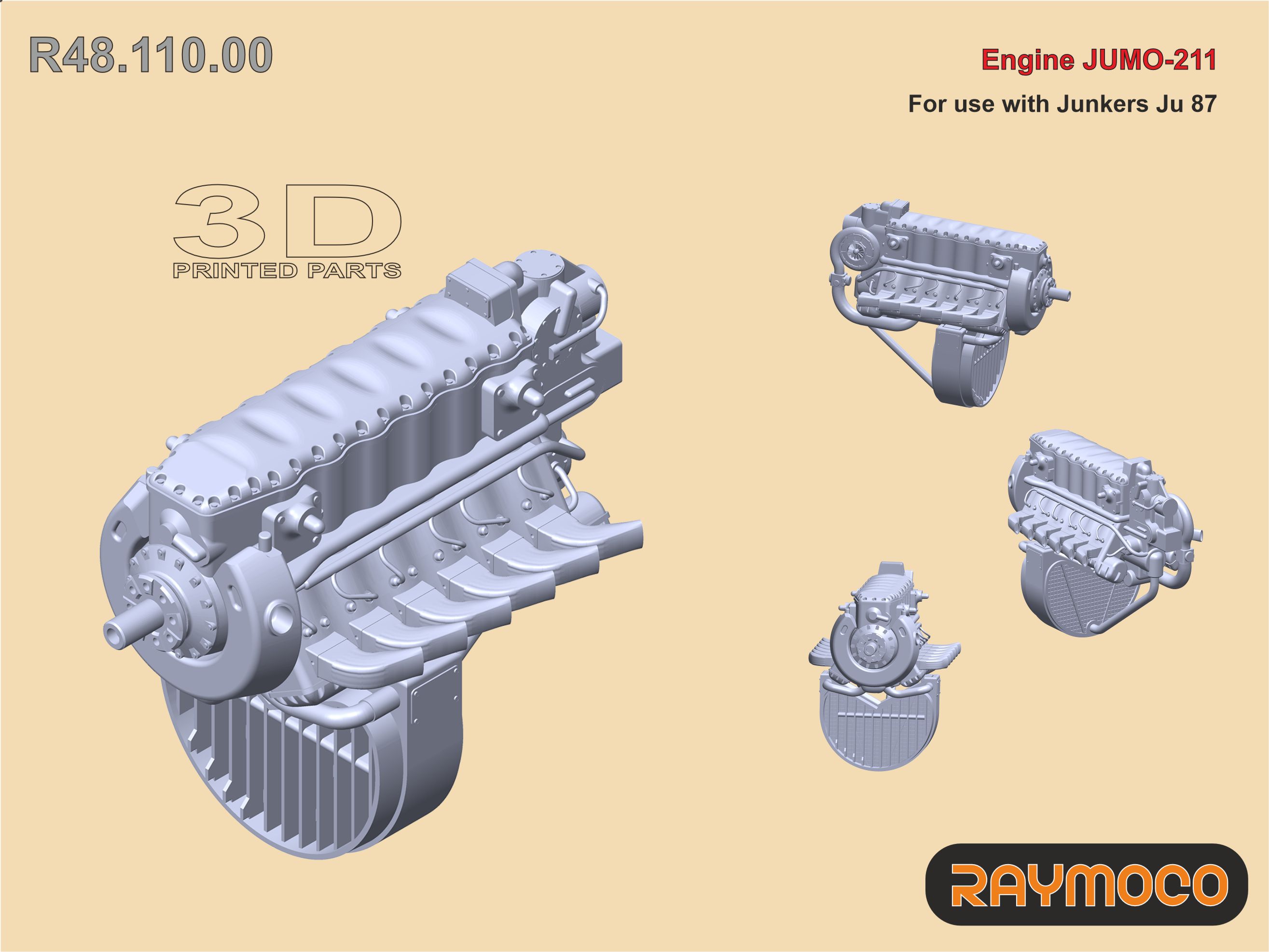 Additions (3D resin printing) 1/48 Engine JUMO211 (Raymoco)