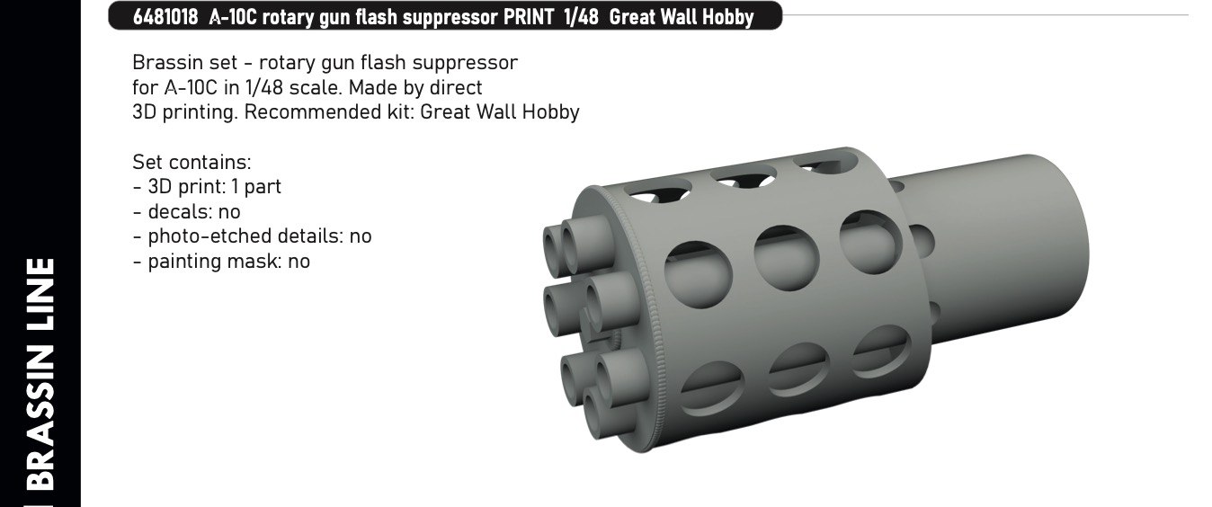 Additions (3D resin printing) 1/48 Fairchild A-10C Thunderbolt II rotary gun flash suppressor PRINT 1/48 (designed to be used with Great Wall Hobby kits)