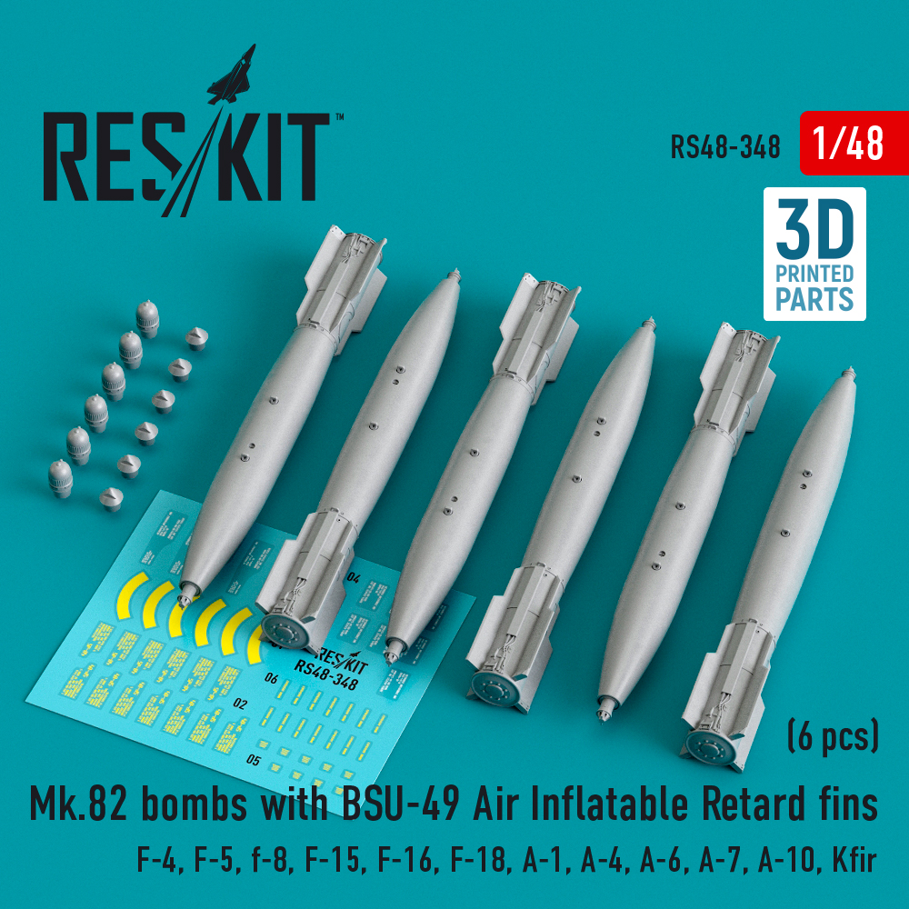 Additions (3D resin printing) 1/48 Mk-82 bombs with BSU-49 Air Inflatable Retard fins (4pcs) (ResKit)