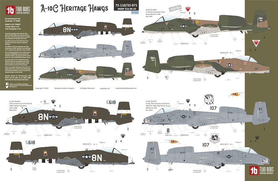 Decal 1/32 1/72 Fairchild A-10C Heritage Hawgs TB72110 combined with TB32071 (Two Bobs)